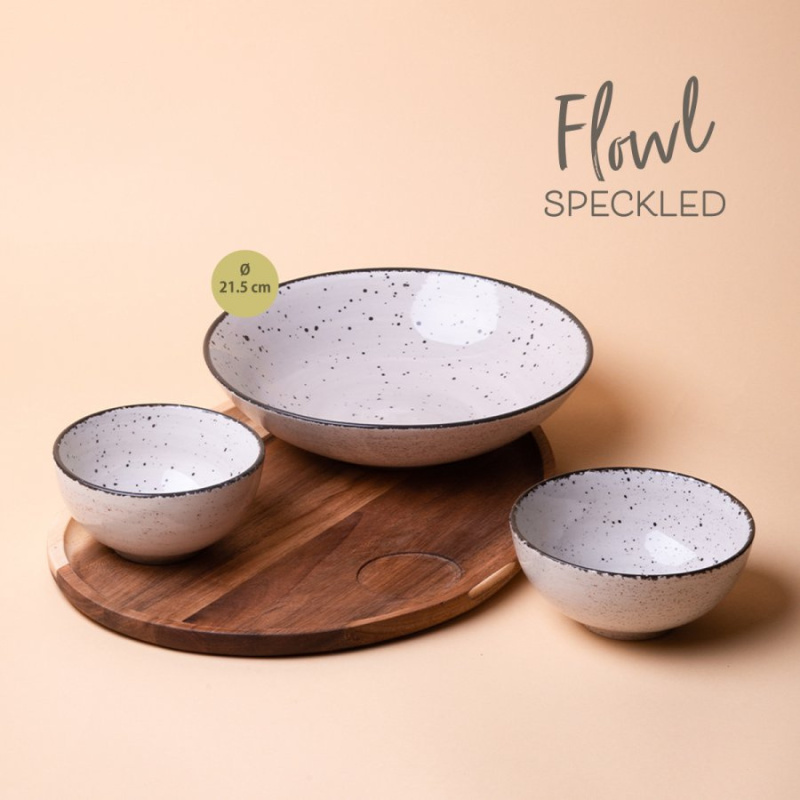 Zestaw Flowl – Miseczki Gaya Atelier szare nakrapiane + Taca Triangle Akacja