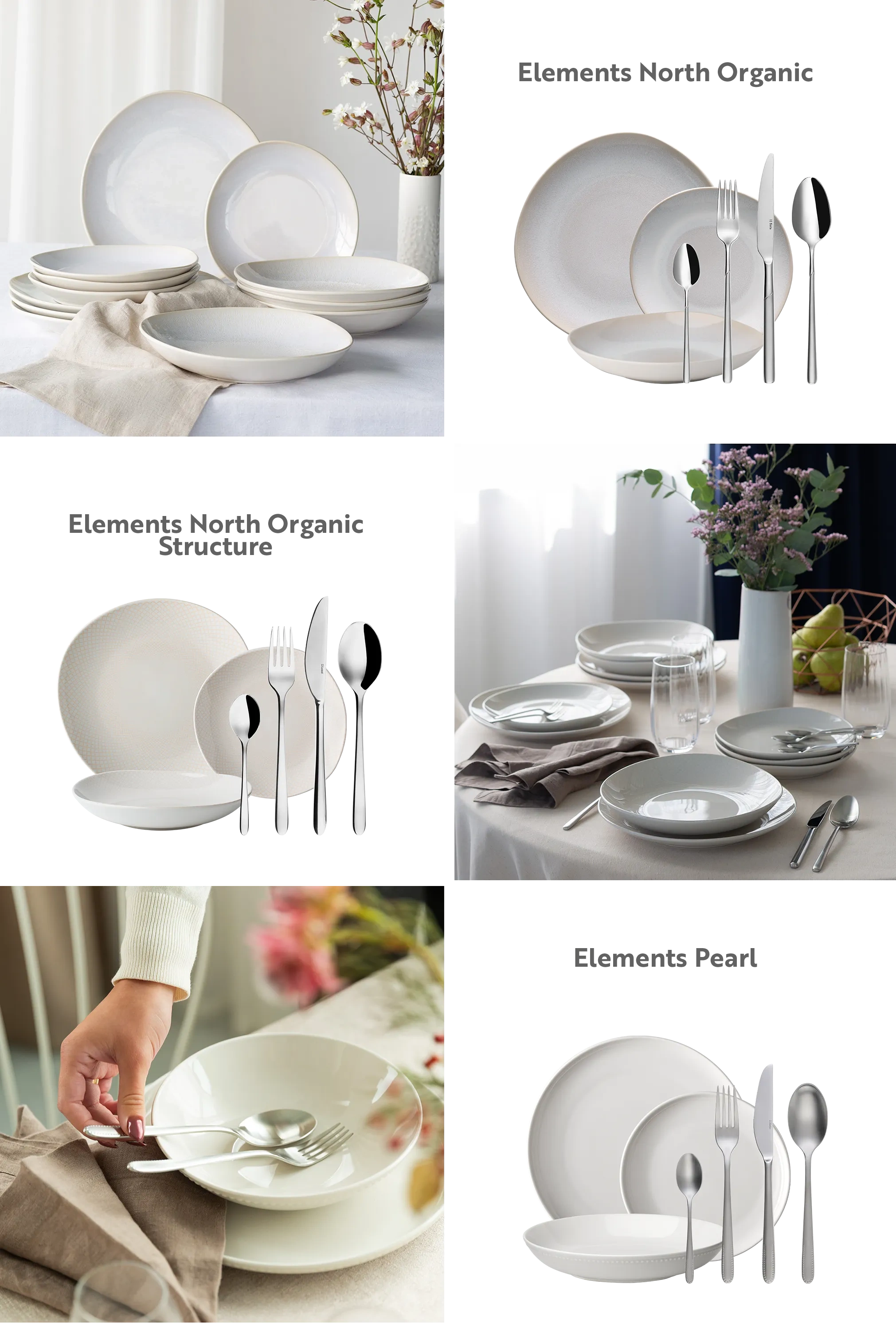 Kolaż białego nakrytego stołu z porcelaną, sztućcami, szklankami, kwiatami i detalem dłoni układającej sztućce 
