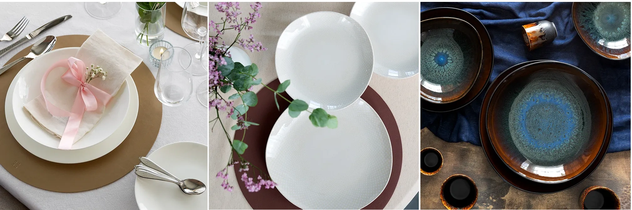 Kolaż białej i ciemnej porcelany z odnośnikami do konkretnych produktów 