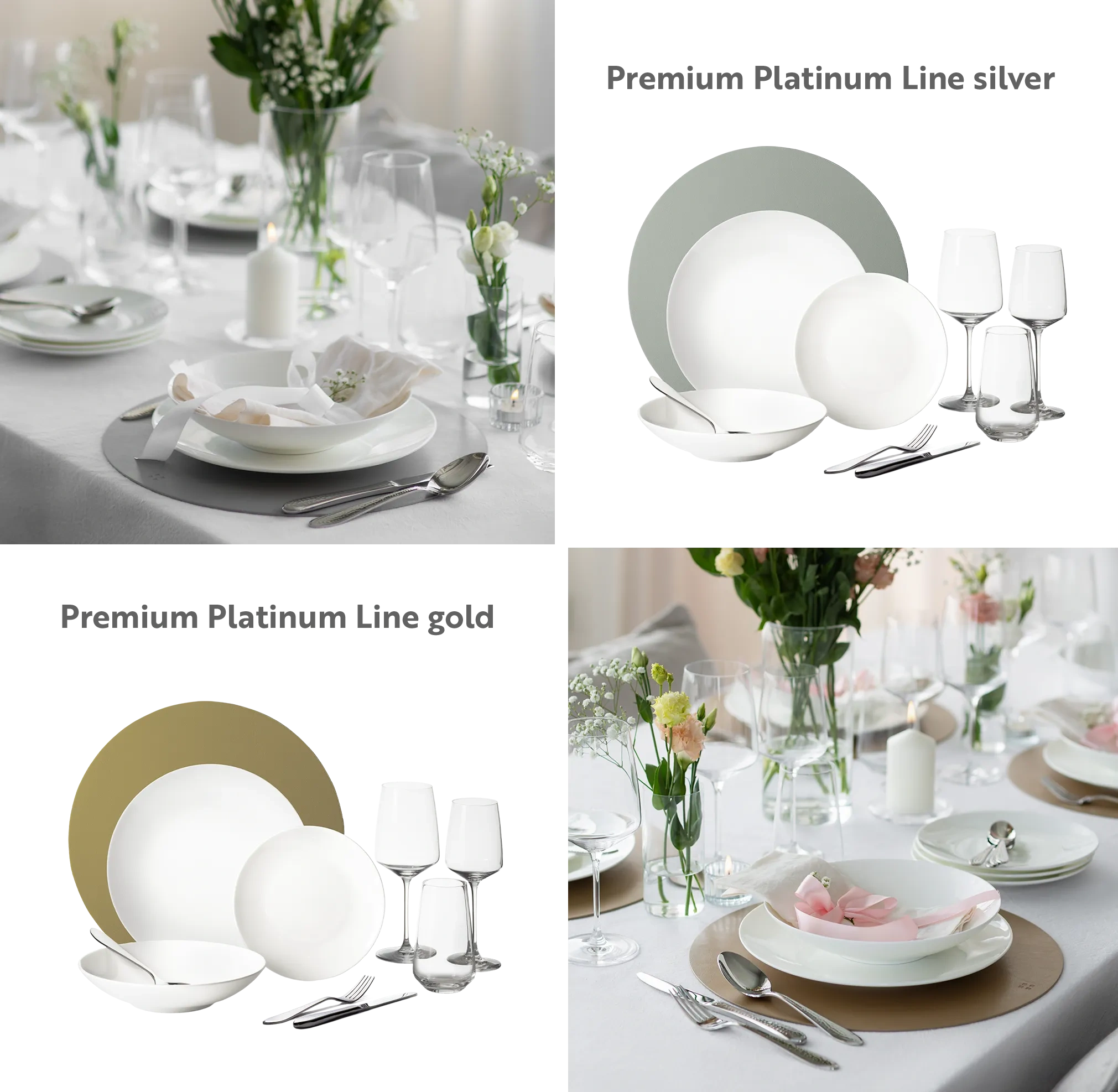 Kolaż białej porcelany Premium Platinum Line ze szklankami, sztućcami i nakrytym stołem w wersji złotej i srebrnej 