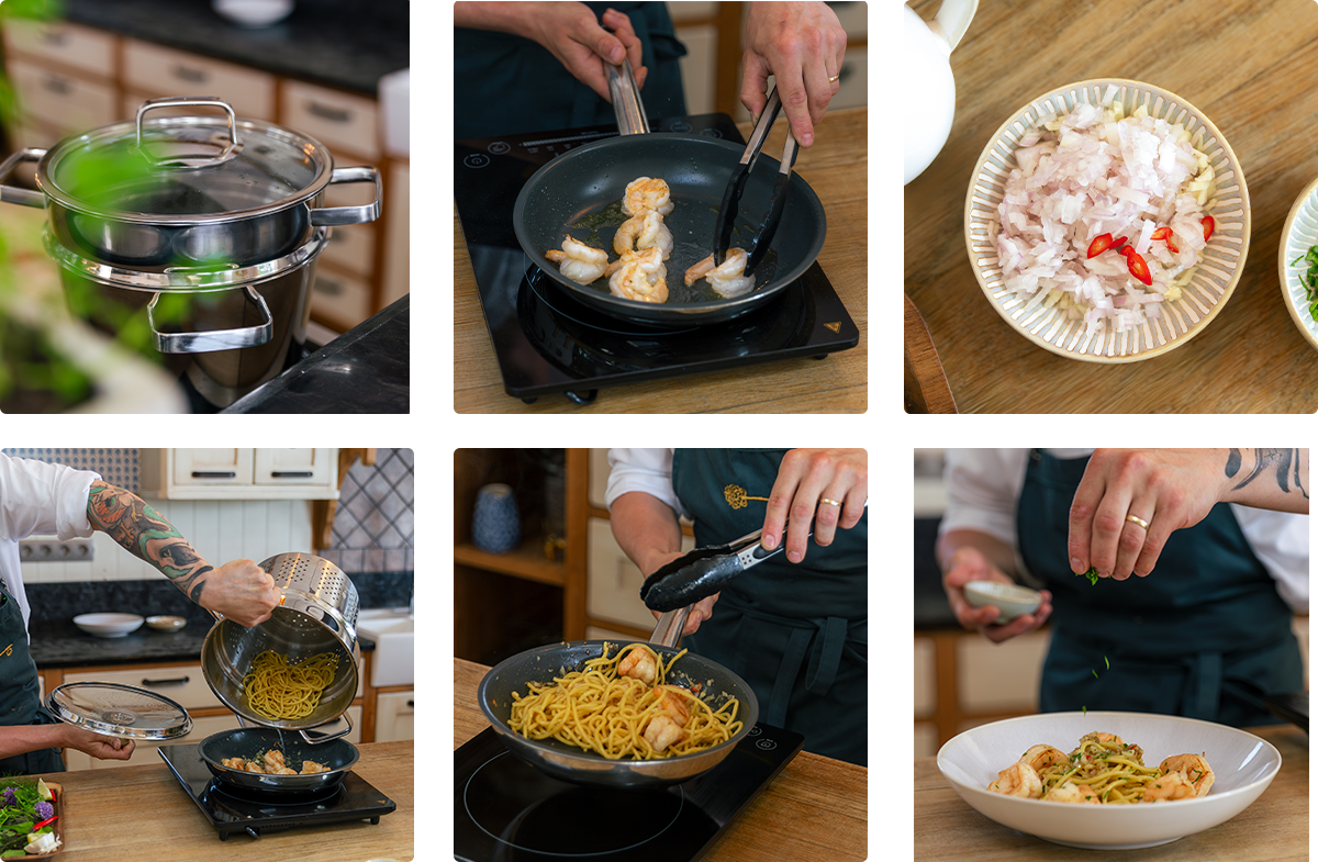 Etapy przygotowania spaghetti z krewetkami od gotowania makaronu i smażenia krewetek po wymieszanie na patelni i końcowe serwowanie 